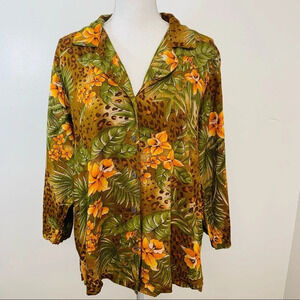 Vintage Blouse Top  Woman 1X Floral Leaf Print  3/4 Sleeve Button Front Office‎